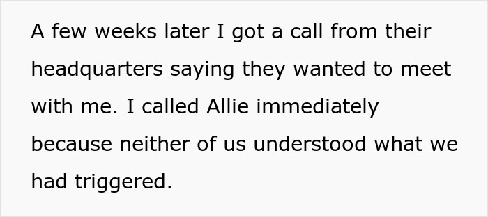 Text excerpt showing a call from restaurant headquarters to discuss a surprising pitch after a snarky letter. Text excerpt showing a call from restaurant headquarters to discuss a surprising pitch after a snarky letter.
