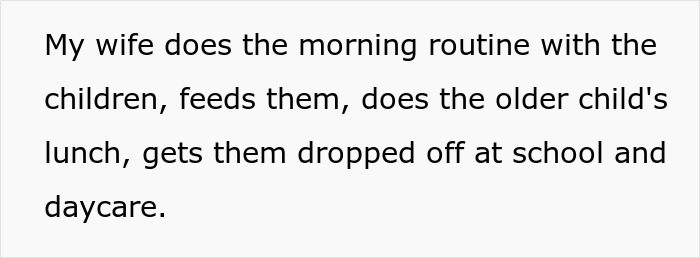 Text excerpt about mom managing morning routine with children, highlighting dad's struggle with toddler to let mom study.