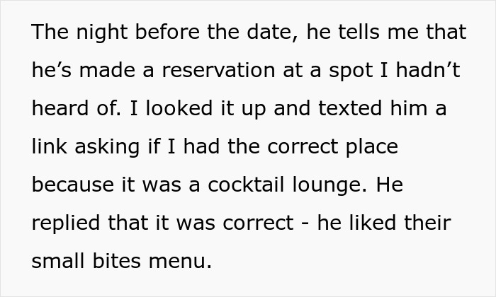 Text excerpt about a recovering alcoholic surprised by a date planned entirely around bars and a cocktail lounge reservation.