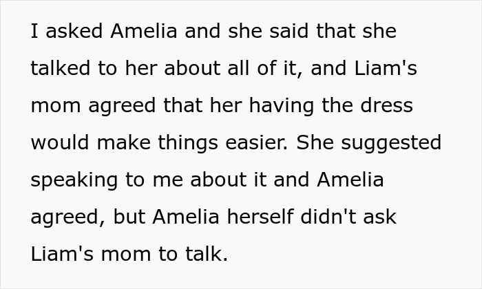 Text excerpt discussing a mom clinging to daughter’s wedding dress and family tension over handing it over. Text excerpt discussing a mom clinging to daughter’s wedding dress and family tension over handing it over.