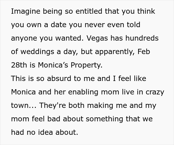 Text excerpt describing a family conflict over wedding date ownership, highlighting claims and emotional tension. Text excerpt describing a family conflict over wedding date ownership, highlighting claims and emotional tension.
