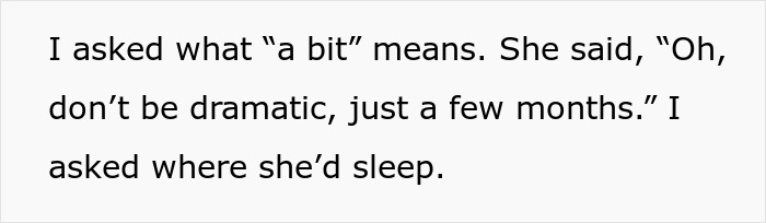 Text on white background showing a conversation about a religious mom moving in and guilt trips.