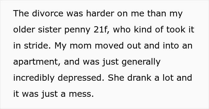 Text describing a mom blaming her daughter for picking dad in the divorce, causing family estrangement and emotional struggle. Text describing a mom blaming her daughter for picking dad in the divorce, causing family estrangement and emotional struggle.