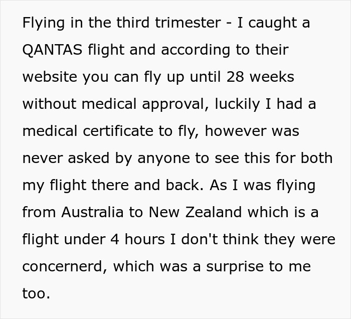 Text excerpt about flying in the third trimester, mentioning QANTAS flight rules and a medical certificate for pregnancy travel.