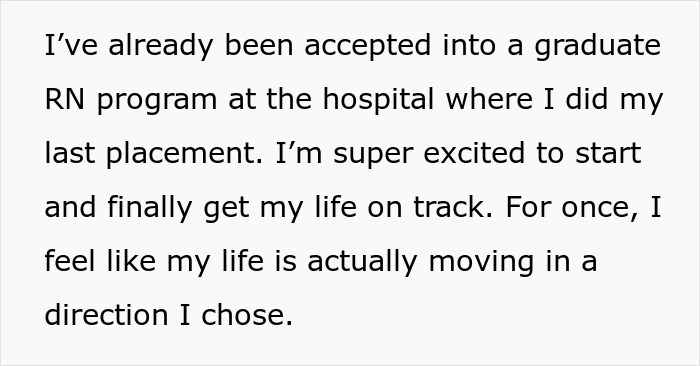 Text excerpt from a 20-year-old feeling burned out managing chores and school while sharing progress on graduate RN program acceptance.