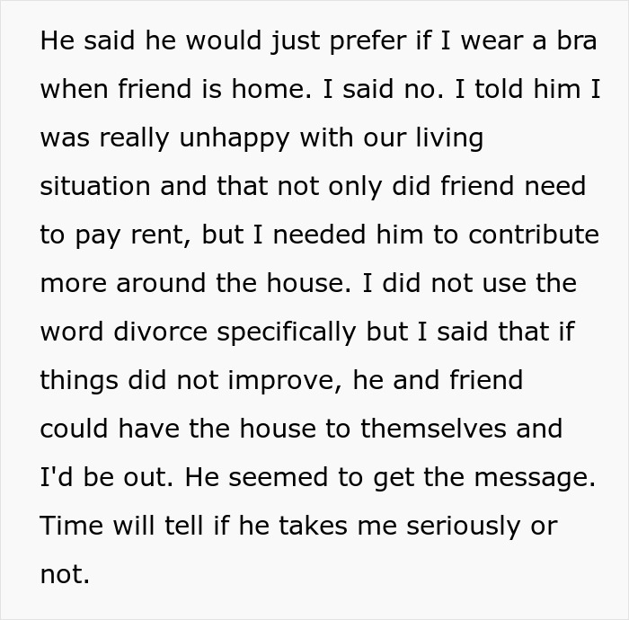 Text discussing a woman preferring not to wear a bra at home and her husband's reaction to it.