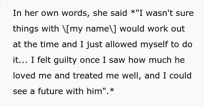 Text excerpt showing a woman admitting guilt about infidelity in a conversation with her sister.