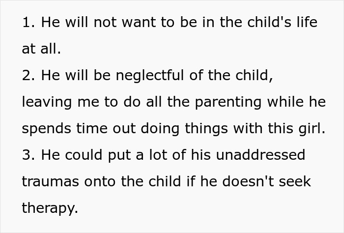 List outlining concerns about co-parenting with a bipolar guy who left his pregnant wife for a young lover.