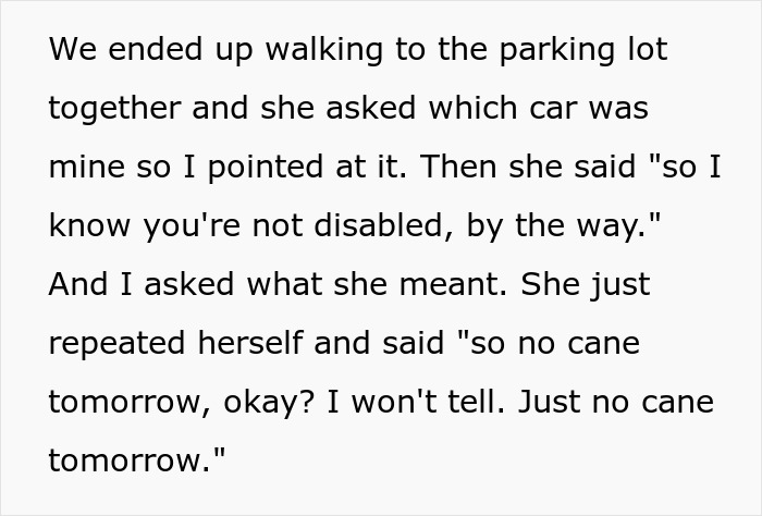Text describing a coworker filming another after work to try to prove she&rsquo;s not actually disabled.