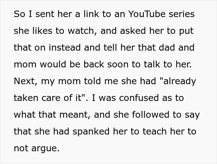 Text excerpt discussing grandparents spanking a 3-year-old to teach a lesson, leading to parents banning visits.
