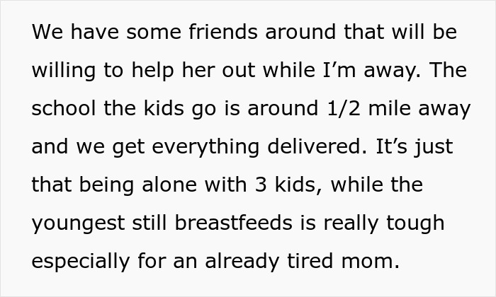 Text excerpt about a wife managing 3 kids alone while dad is away for work, treating it like a solo vacay.