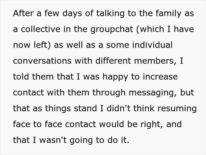 Text excerpt discussing family communication and decisions about contact after an incident involving forgiveness and tone.