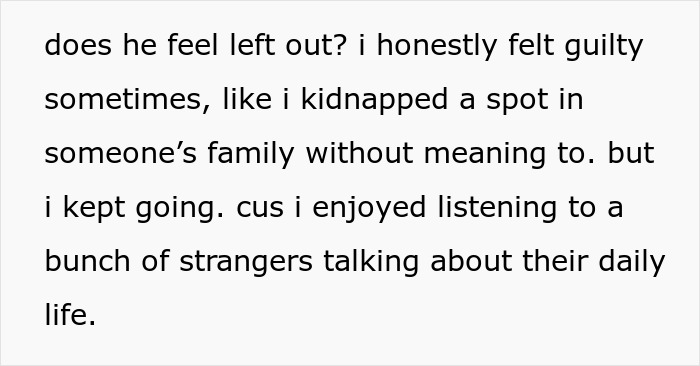 Text excerpt about a guy feeling guilty but enjoying being added to a random family group chat.