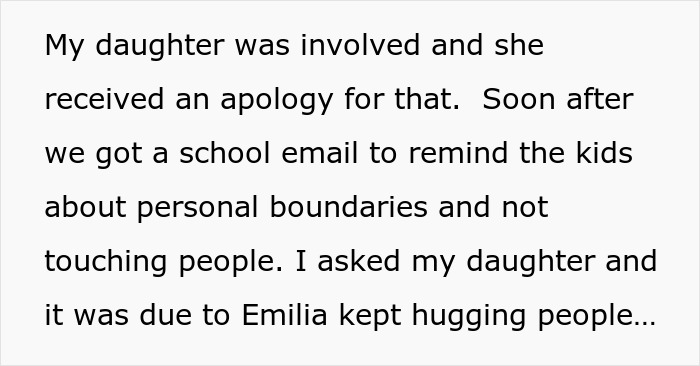 Screenshot of parent text about daughter attend birthday, apology and school email on personal boundaries and hugging Screenshot of parent text about daughter attend birthday, apology and school email on personal boundaries and hugging