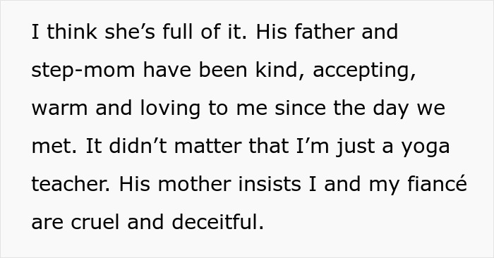 Text excerpt showing a woman explaining conflict with mother-in-law who disapproves of her being a yoga teacher. Text excerpt showing a woman explaining conflict with mother-in-law who disapproves of her being a yoga teacher.