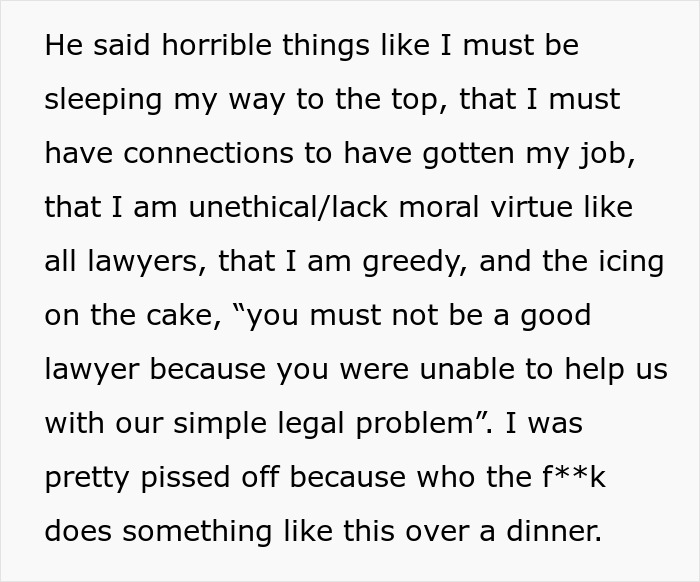Text describing a woman refusing to risk her new career by giving free advice and discovering true colors of friends.