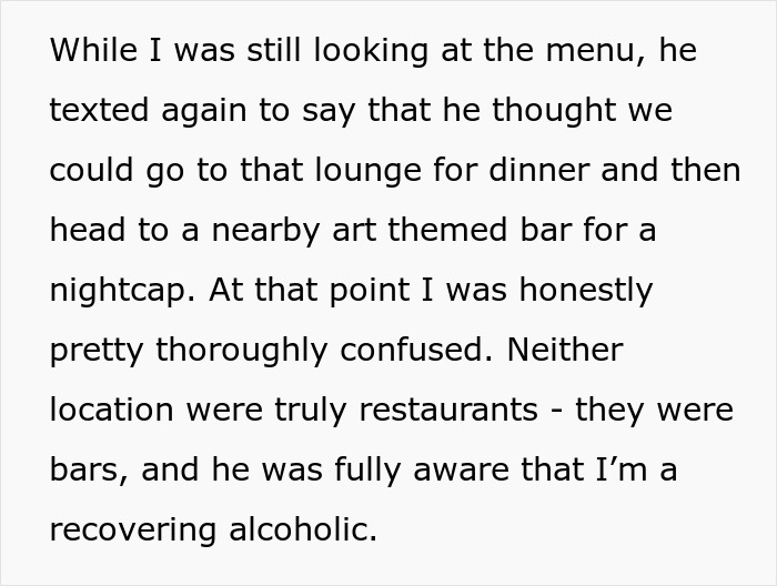Text describing a recovering alcoholic confused by a second date planned entirely around bars despite their sobriety.