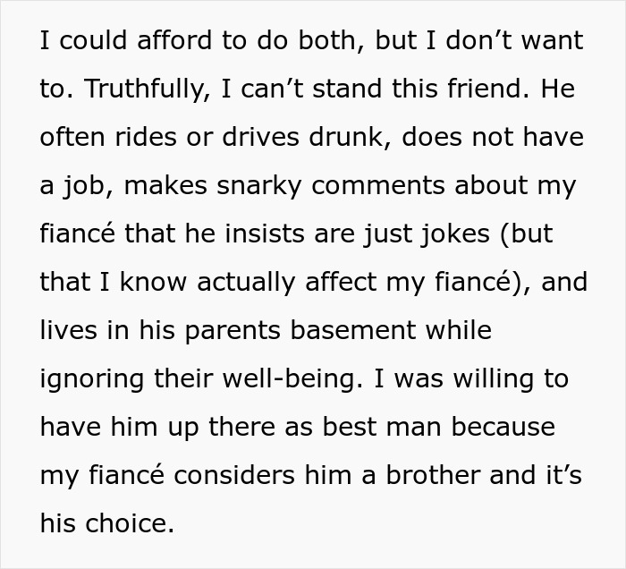 Text excerpt describing a difficult friend affecting fiancé and wedding plans involving money concerns. Text excerpt describing a difficult friend affecting fiancé and wedding plans involving money concerns.