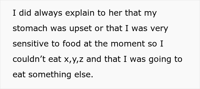 Text explaining sensitivity to food and upset stomach during pregnancy, declining expired food in her pantry. Text explaining sensitivity to food and upset stomach during pregnancy, declining expired food in her pantry.
