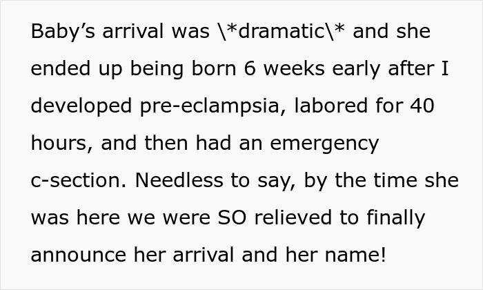 Text describing a dramatic baby arrival after pre-eclampsia and emergency c-section with mil-refuse-baby-name concerns.