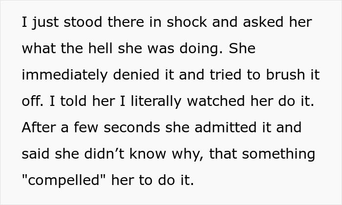 Text excerpt showing shock after witnessing girlfriend spitting in food, mentioning feeling compelled to do it. Text excerpt showing shock after witnessing girlfriend spitting in food, mentioning feeling compelled to do it.