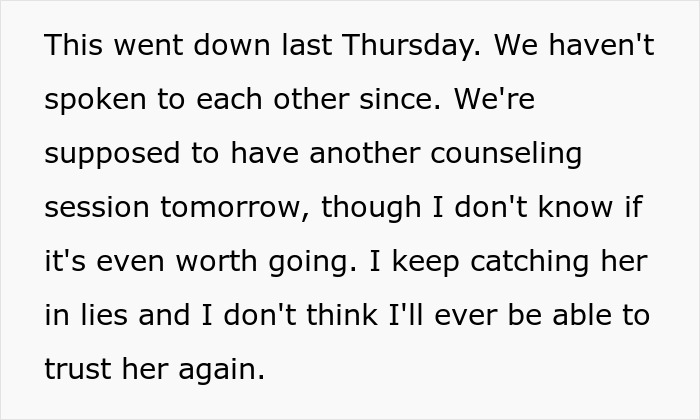 Text message expressing distrust and uncertainty about marriage counseling after lies in an open marriage arrangement. Text message expressing distrust and uncertainty about marriage counseling after lies in an open marriage arrangement.