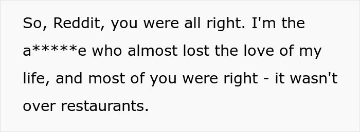 Text on a white background saying a chef girlfriend and boyfriend relationship issue was misunderstood, not due to restaurants.