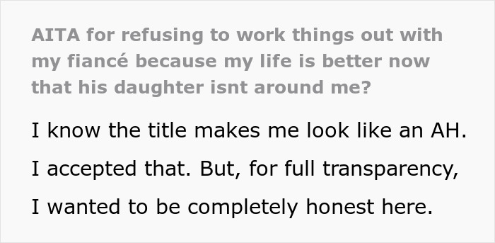 Text post about refusing to work things out with fiancé and stepdaughter, expressing relief and honesty in the decision. Text post about refusing to work things out with fiancé and stepdaughter, expressing relief and honesty in the decision.