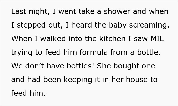 Mom storms off carrying her baby after mother-in-law tries to take over feeding, text excerpt on white background Mom storms off carrying her baby after mother-in-law tries to take over feeding, text excerpt on white background