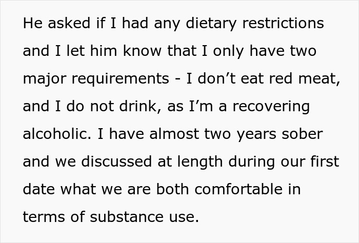 Text discussing a recovering alcoholic with two years sober explaining dietary restrictions and substance use comfort on a date.