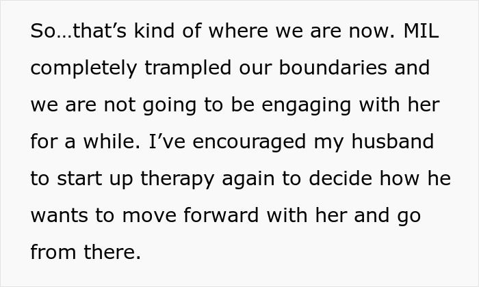 Text excerpt about mil refuse baby name discussing boundaries and therapy decisions between family members.