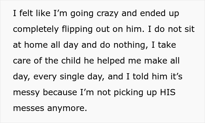 Text from a woman explaining she cares for their child daily and stopped cleaning up her husband's messes at home.
