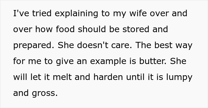 Text describing a husband teaching his wife a lesson by embarrassing her in front of her parents about food storage. Text describing a husband teaching his wife a lesson by embarrassing her in front of her parents about food storage.