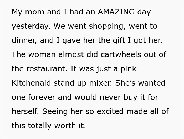 Alt text: Sister takes mom out for dinner after brothers are too broke to pitch in for mom’s birthday gift. Alt text: Sister takes mom out for dinner after brothers are too broke to pitch in for mom’s birthday gift.
