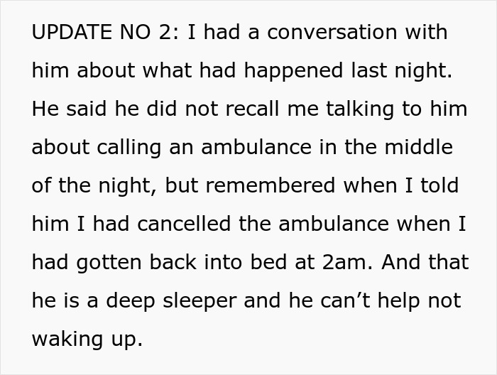 Text excerpt describing a partner’s deep sleep and a conversation about calling and canceling an ambulance at night. Text excerpt describing a partner’s deep sleep and a conversation about calling and canceling an ambulance at night.