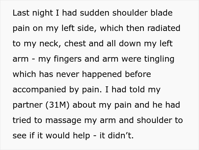 Person describing sudden shoulder and arm pain while partner tries to massage before calling ambulance themselves. Person describing sudden shoulder and arm pain while partner tries to massage before calling ambulance themselves.