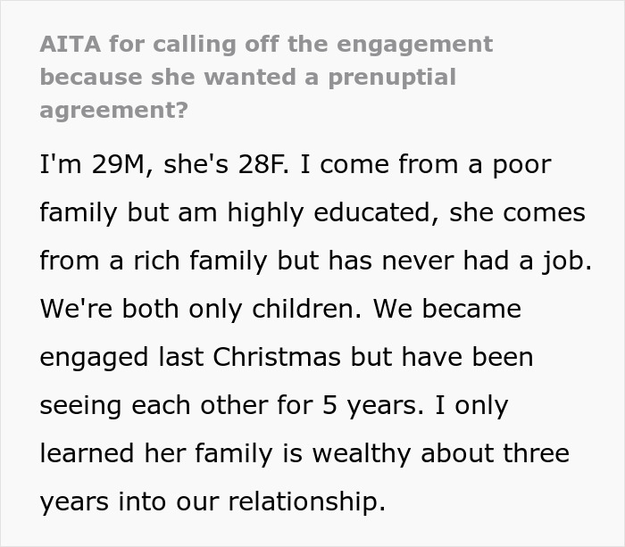 Man cancels engagement after wealthy girlfriend demands prenup but refuses to agree on infidelity clause conditions.