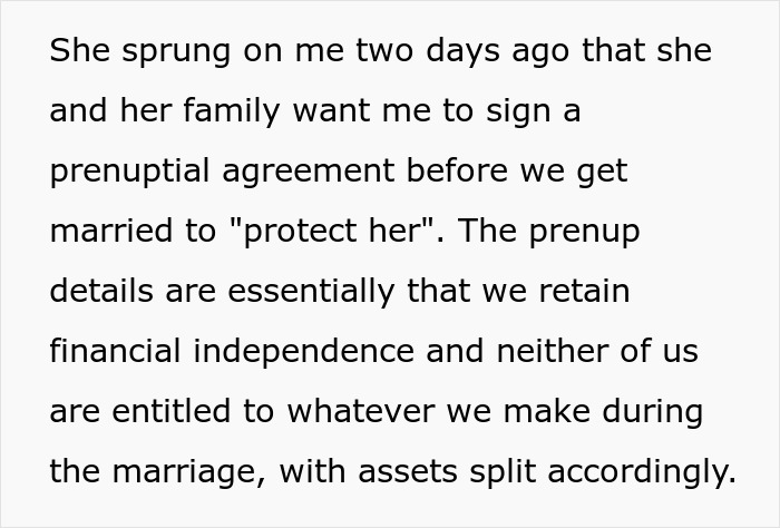 Text excerpt about a wealthy girlfriend expecting a guy to sign a prenup but refusing an infidelity clause before engagement cancellation.