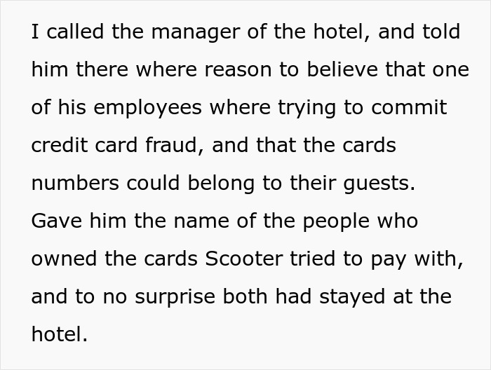 Text excerpt showing a hotel receptionist exposing a scammer’s $2k laundering attempt and credit card fraud scheme. Text excerpt showing a hotel receptionist exposing a scammer’s $2k laundering attempt and credit card fraud scheme.