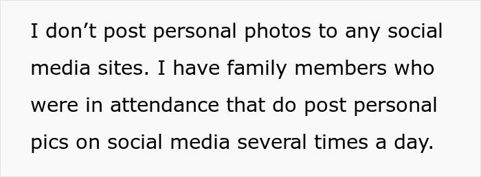 Text excerpt discussing family members posting personal photos on social media, mentioning aunt, camera, and family parole.