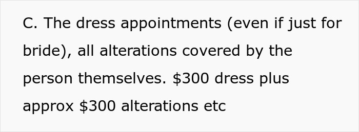 Text excerpt discussing bride dress appointments and alteration costs related to a bridezilla wedding scenario. Text excerpt discussing bride dress appointments and alteration costs related to a bridezilla wedding scenario.