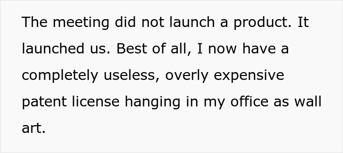 Alt text: Snarky letter leads to restaurant flying in bigwigs, resulting in a hilarious pitch and an expensive patent license displayed.
