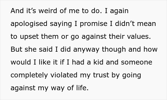 Woman looking upset while receiving a birthday gift from babysitter, mother furious over broken trust and values.