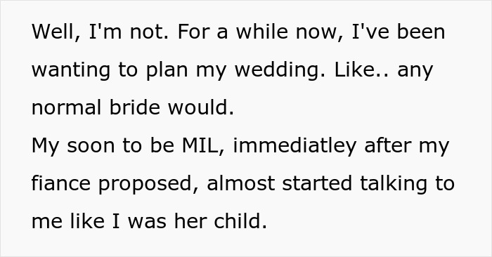 Text excerpt from a bride about her mother-in-law trying to hijack her wedding plans and venue.