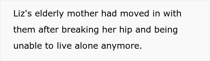 Text excerpt about an elderly mother moving in after a hip injury and needing care at home.