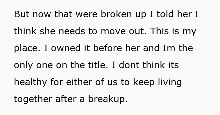 Text about ex-house-drama relationship discussing moving out after breakup and ownership of the home title.