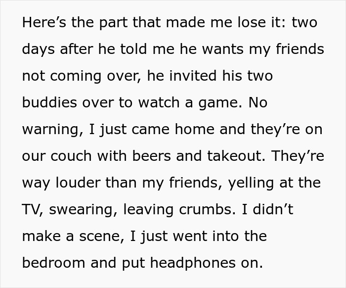 Text excerpt about a boyfriend ban friends in a relationship, describing unexpected male guests on the couch Text excerpt about a boyfriend ban friends in a relationship, describing unexpected male guests on the couch