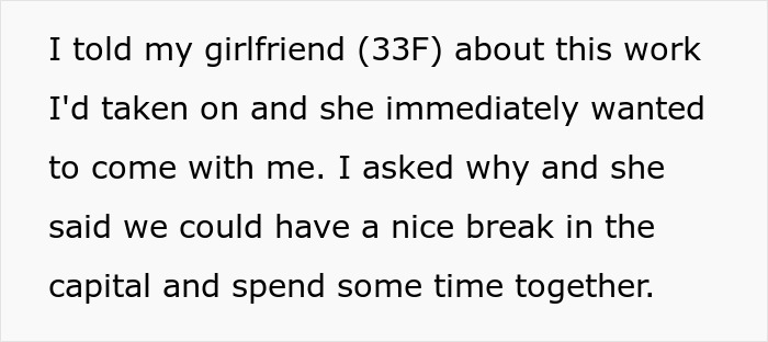 Man explaining business trip to girlfriend who misunderstands it as a romantic getaway, causing frustration.