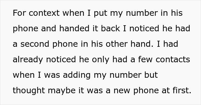 Text on a white background describing a situation involving a strange guy relationship bar and discovering two phones in his hands.