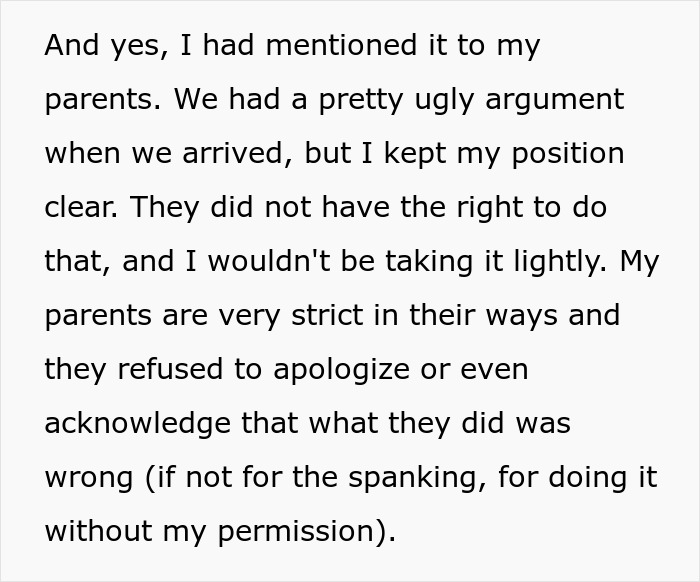 Text discussing grandparents spanking 3-year-old to teach a lesson and parents banning them from seeing her again. Text discussing grandparents spanking 3-year-old to teach a lesson and parents banning them from seeing her again.